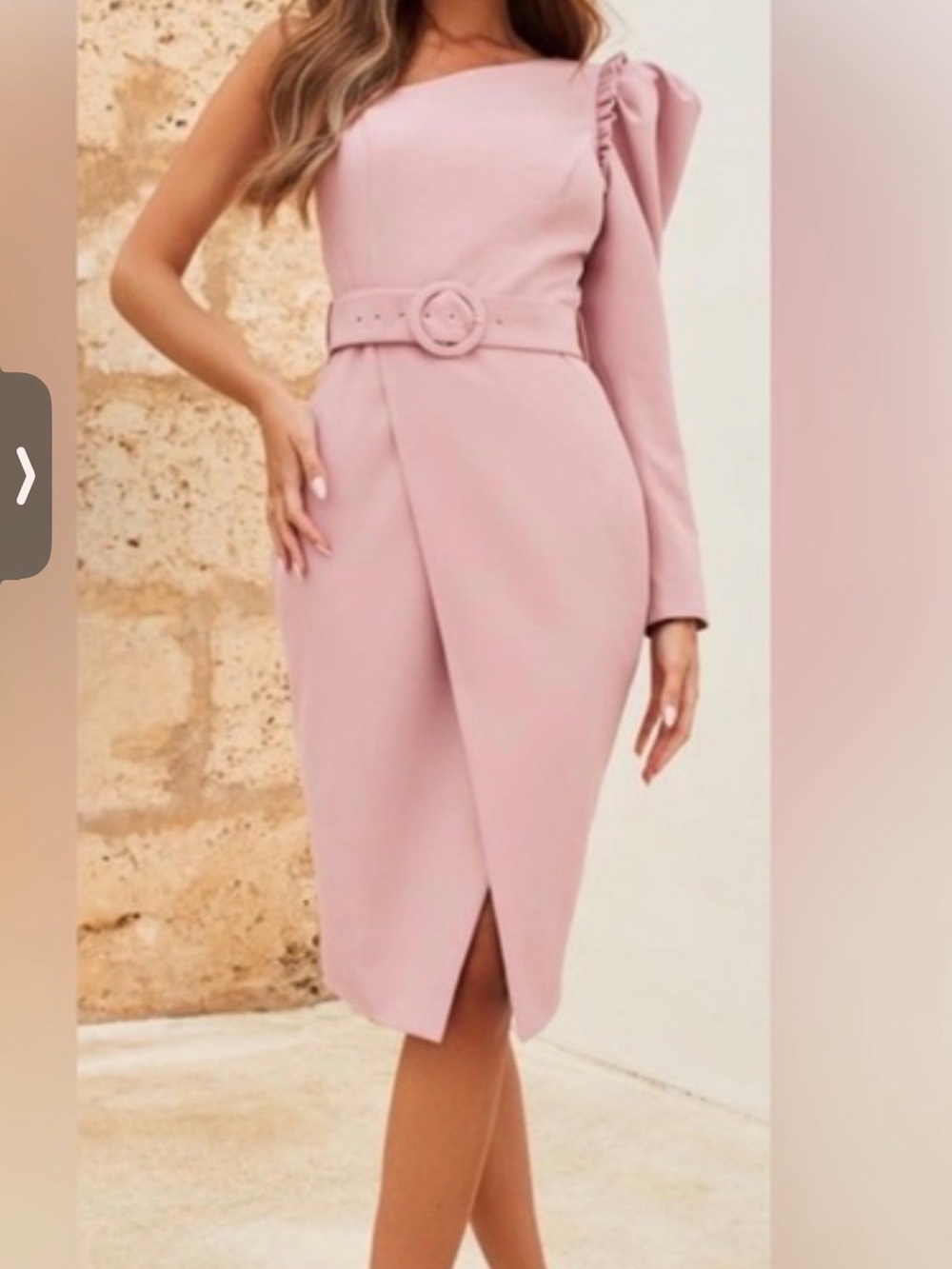 Lavish Alice Blush Pink One-Shoulder Midi Dress with Belt